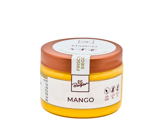 Ein Glas mit Hofmanns Shop Premium-Sorbet Mango mit einem Kupferdeckel und einem veganen Etikett auf der Vorderseite.