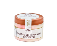 Ein Glas Hofmanns Shop Premium-Eis weiße Schokolade-Erdbeere mit einem kupferfarbenen Deckel.