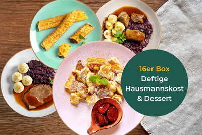 Vier Teller mit herzhaften Gerichten, Text: „HOFMANNs Hausmannskost-Box + Dessert-Box“.