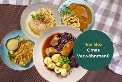 Vier deutsche Gerichte auf Tellern neben einem Tuch mit dem Text „Omas Verwöhnmenü von HOFMANNs“.