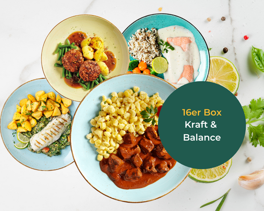 Vier Tellergerichte mit Fleisch, Gemüse und Getreide in der „Protein-Box + Fit & Free-Box“ von Hofmanns Shop.