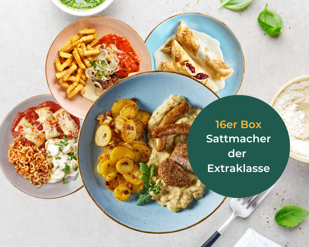 Fünf Teller Sattmacher der Extraklasse von Hofmanns Shop mit Fleisch, Kartoffeln, Nudeln und Soßen.