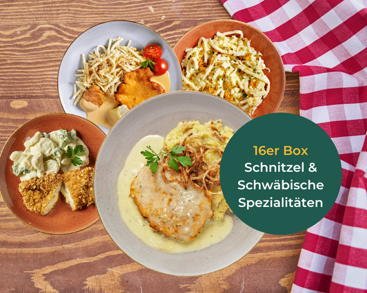 Eine Hofmanns Shop Schnitzel-Box mit Schwäbischen Spezialitäten auf kariertem Stoffhintergrund.