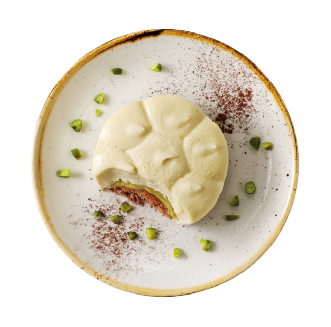 Hofmanns Shop Tiramisu Pistazie: runde Nachspeise mit Mascarponecreme und grünen Pistazien.