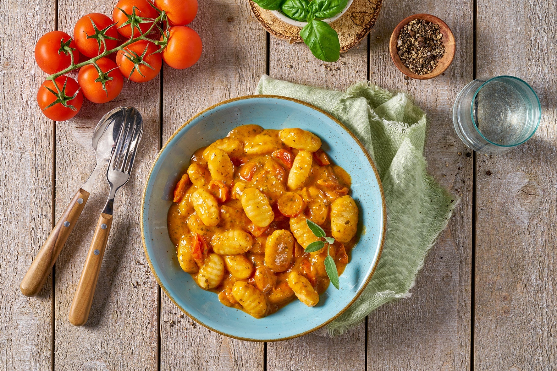 Eine Schüssel Gnocchi in Tomatensoße auf einem Holztisch, garniert mit Tomaten und Basilikum, dazu ein Glas Wasser und Besteck, veranschaulicht die Restaurantqualität von HOFMANNs Überraschungsbox – eine wahre Köstlichkeit.