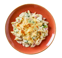 Brokkoli-Nudelauflauf von Hofmanns Shop mit Schinken und Gouda-Käse auf einem orangefarbenen Teller, Ansicht von oben.