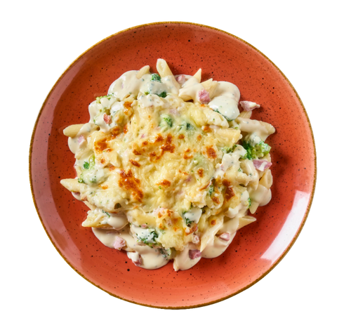 HOFMANNs Brokkoli-Nudelauflauf: Nudeln mit Brokkoli, Schinken und cremiger Soße.