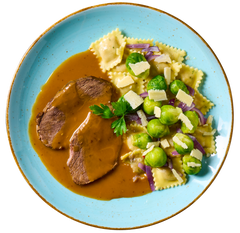 Rinderbraten mit Hirschravioli
