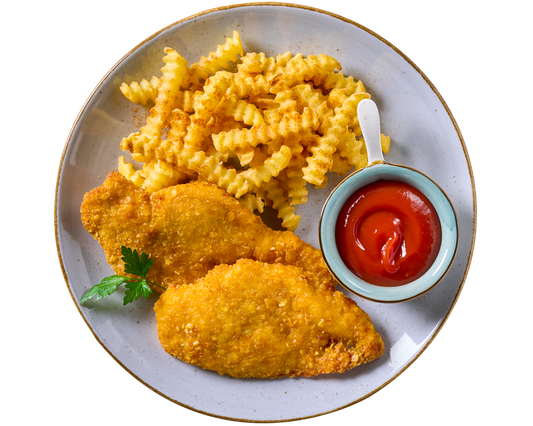 Teller mit Hofmanns Shop Hähnchenschnitzel in Cornflakespanade, Pommes frites, Ketchup, Petersilie.