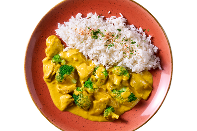 Weißer Reis und Hofmanns Shop gepflanzt.Hähnchen "Butter Chicken Style" auf einem rötlich-orangen Teller.