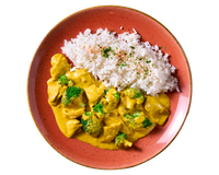 Weißer Reis und Hofmanns Shop gepflanzt.Hähnchen "Butter Chicken Style" auf einem rötlich-orangen Teller.