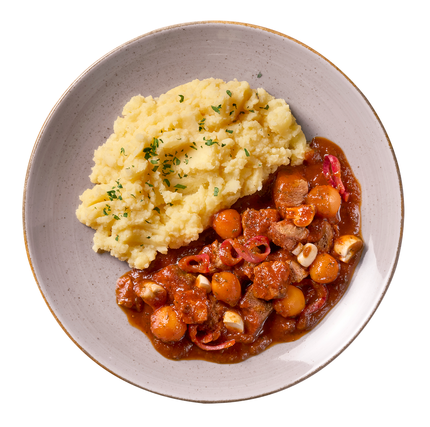 Gepflanzte.Steak-Häppchen "Bourguignon Style" von Hofmanns Shop mit Kartoffelstampf und Rotweinsoße.
