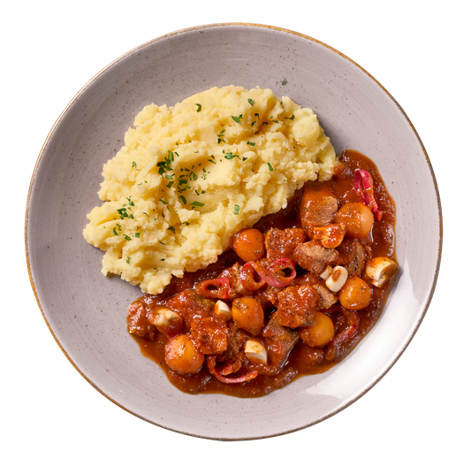 Gepflanzte.Steak-Häppchen "Bourguignon Style" von Hofmanns Shop mit Kartoffelstampf und Rotweinsoße.