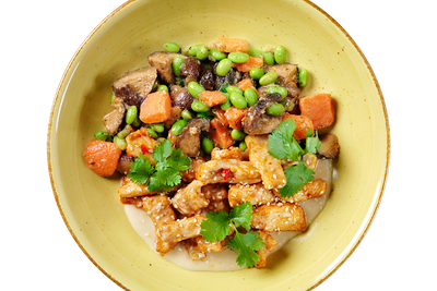 Eine Spicy Chicken Bowl von Hofmanns Shop auf einem gelben Teller mit Tofu, Champignons, Edamame und Massaman-Curry-Dip.