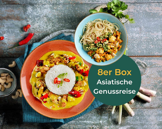 8er Box Asiatische Genussreise von Hofmanns Shop: Exotische asiatische Gerichte mit Reis, Nudeln, Chili und Kräutern.