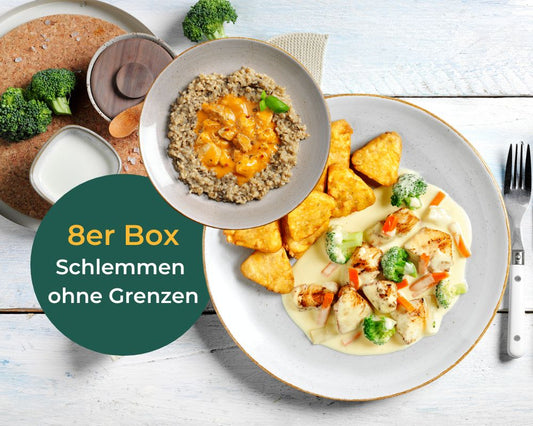 Zwei Teller Gourmet Hähnchenbrustfilet und Brokkoli mit „8er Box Schlemmen ohne Grenzen“ von Hofmanns Shop.