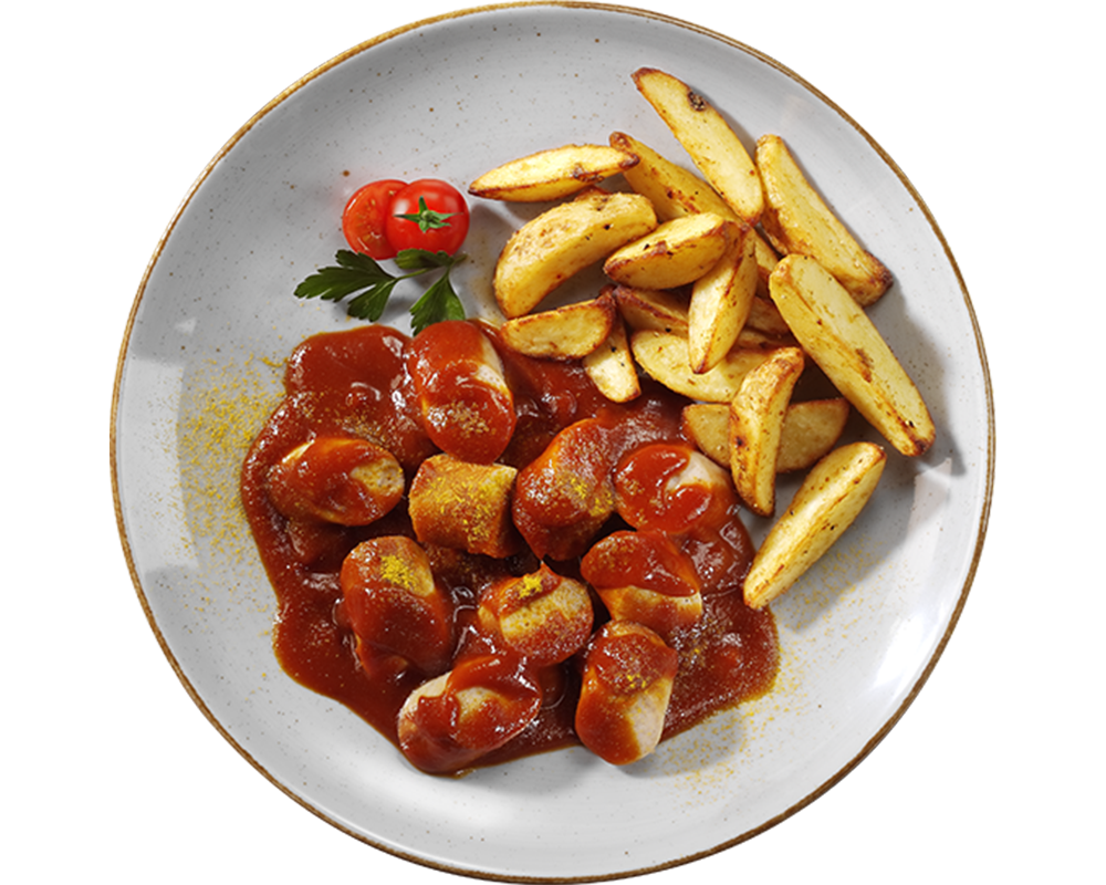 Hofmanns Shop's Currywurst „2GO“: Tomaten-Currysoße, Kartoffel-Wedges, Kirschtomaten, Petersiliengarnitur.