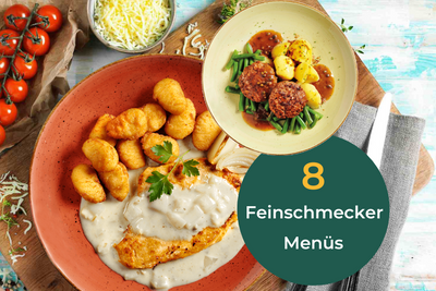 Feinschmecker-Box von Hofmanns: Hühnchen in Rahmsauce, Kroketten, Käse & Salat für Genießer.