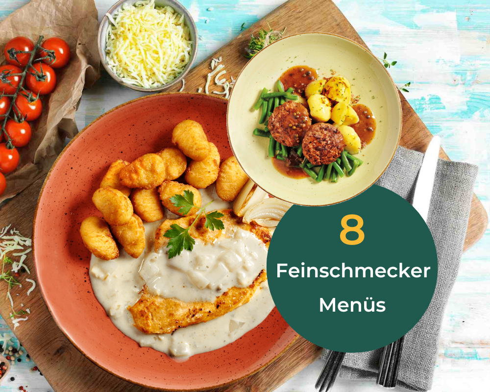 Feinschmecker-Box von Hofmanns: Hühnchen in Rahmsauce, Kroketten, Käse & Salat für Genießer.