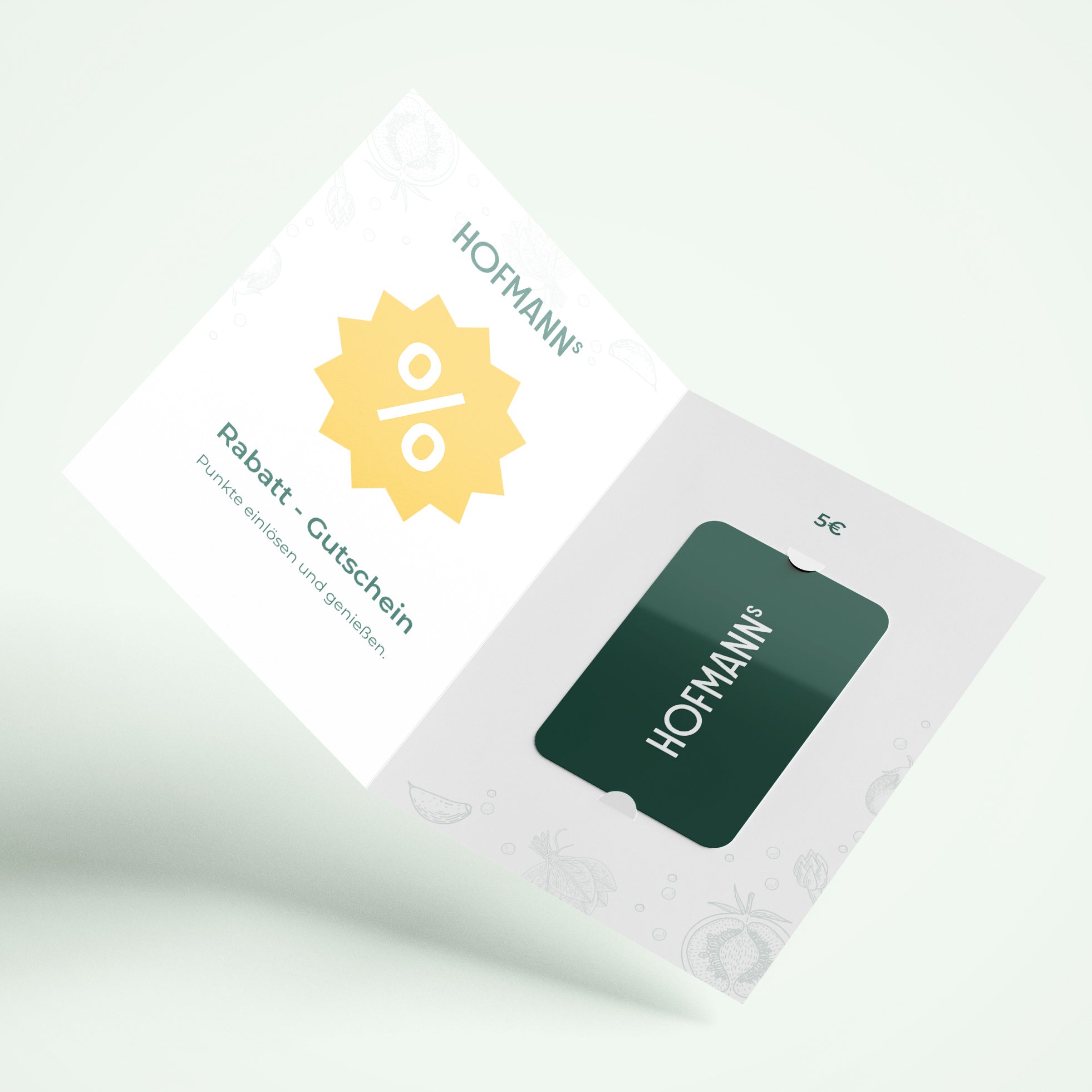 Aufgeklappte Karte mit „HOFMANN“-Branding, auf der rechten Seite ist ein 5-Euro-Rabattgutschein abgebildet.