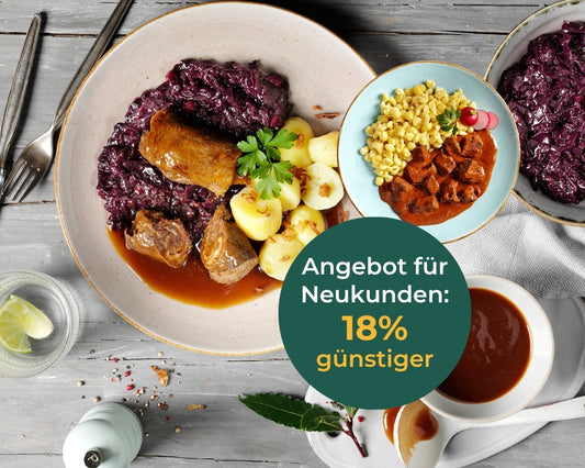 Teller mit Fleisch, Kartoffeln, Rotkohl & Eintopf. HOFMANNs Probierbox: Deutsche Klassiker 18% Rabatt!.