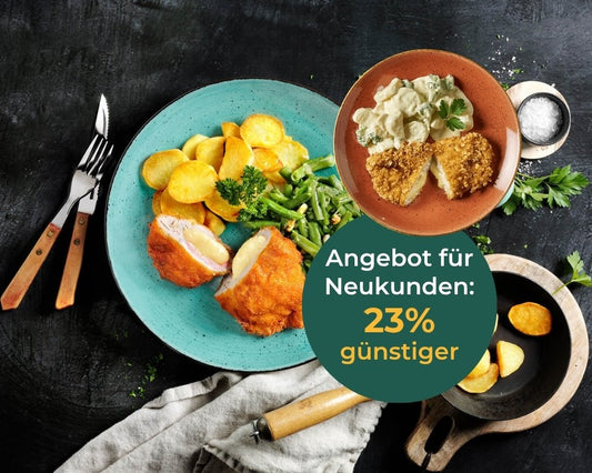 Paniertes Schnitzel, Kartoffeln, grüne Bohnen. HOFMANNs Probierbox: Schnitzel-Box 23% Rabatt für Neukunden!.