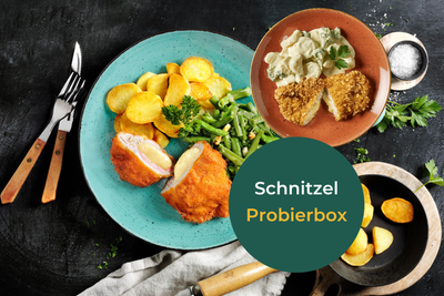 Die HOFMANNs Probierbox: Schnitzel-Box mit Kartoffeln, grünen Bohnen und Schnitzel-Sahnesauce.