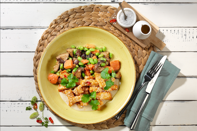 Spicy Chicken Bowl von Hofmanns Shop, mit Tofu, Gemüse und Koriander auf einer Matte, erinnert an die lebendige asiatische Küche.