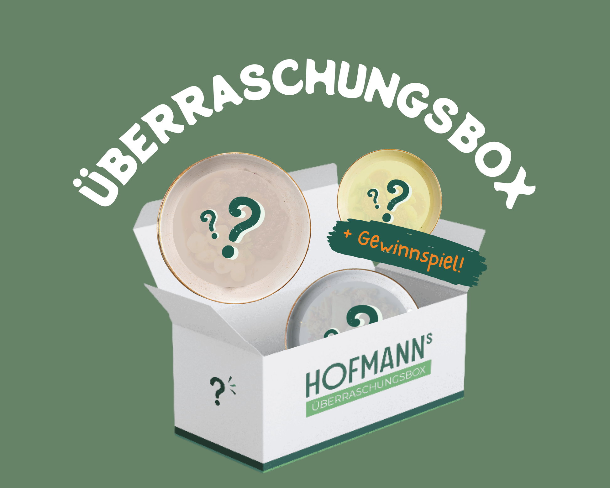 Weiße HOFMANNs Überraschungsbox mit neuem Geschirr und einem Wettbewerbszeichen auf dem Etikett.