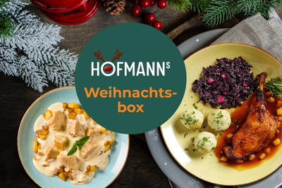 Genießen Sie Entenbraten und Knödel-Klassiker in der HOFMANNs Weihnachts-Box aus Hofmanns Shop.