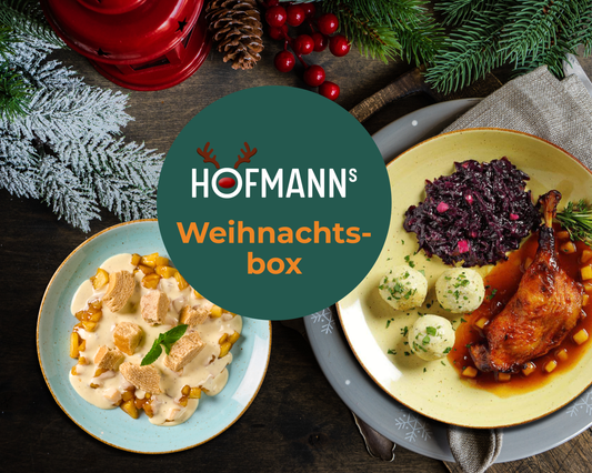 Genießen Sie Entenbraten und Knödel-Klassiker in der HOFMANNs Weihnachts-Box aus Hofmanns Shop.