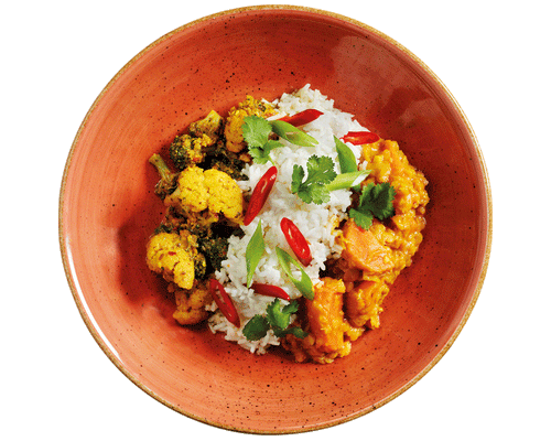 Die Hofmanns Shop Buddha Bowl besteht aus Basmati-Reis, Curry-Linsen-Dal, Koriander und rotem Chili.