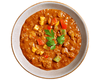 Gulaschsuppe „Ungarische Art“ von Hofmanns Shop mit Hackfleisch, Gemüse und Petersiliengarnitur, Draufsicht.