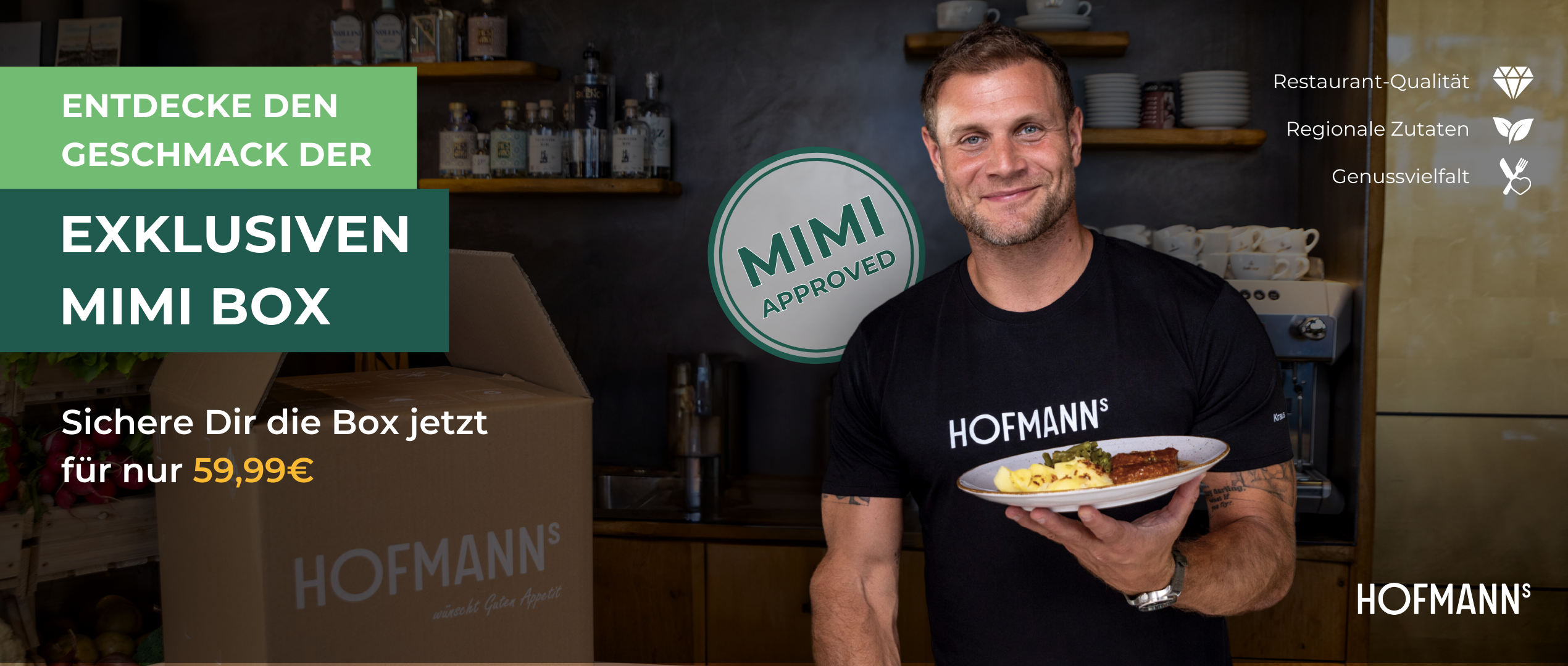 Lächelnder Mann hält Teller mit Essen neben Karton. Text wirbt für „Exklusive Mimi Box“ für 59,99 €.