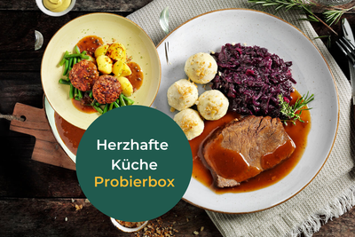 HOFMANNs Herzhafte Küche: Rinderbraten, Kartoffelknödel & Rotkohl Probierbox.