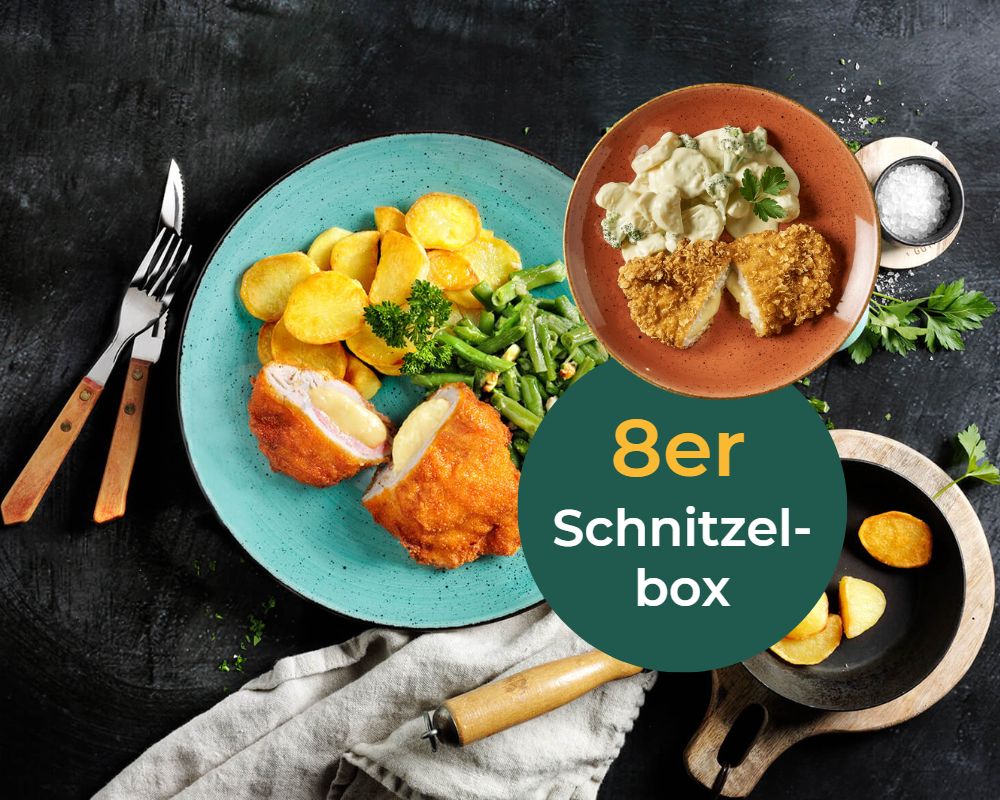 Teller mit Schnitzel, Kartoffeln und grünen Bohnen; darin eingelassene Schüssel mit einem weiteren Schnitzelgericht. Text: „Hofmanns Shop Schnitzel-Box in Restaurantqualität“.