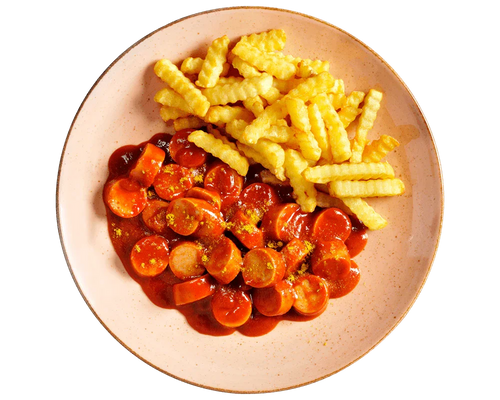 Wellenschnitt-Pommes mit HOFMANNs Currywurst „Hot Chili“ und Curry-Ketchup auf einem rosa Teller.