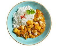 Hähnchen Erdnuss-Tikka von Hofmanns Shop mit Curry, Babymais und Koriander auf blauem Teller.