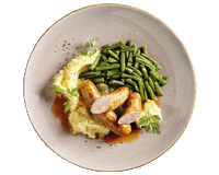 Hofmanns Shop Hausmacher Bratwurst mit Bratensoße, Kartoffelpüree und grünen Bohnen – frisch serviert.