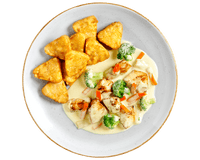 Hofmanns Shop Schlemmerteller: Rösti, Hähnchenbrust, Brokkoli & Karotten in Soße.